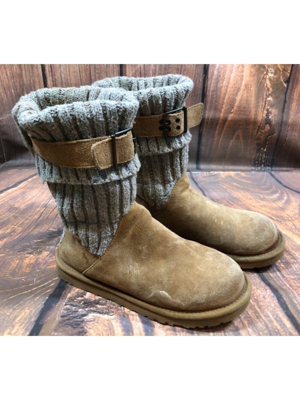 UGG Cambridge Knit Chestnut Suede Belted Boots Sheepskin Womens 7 (p7c)